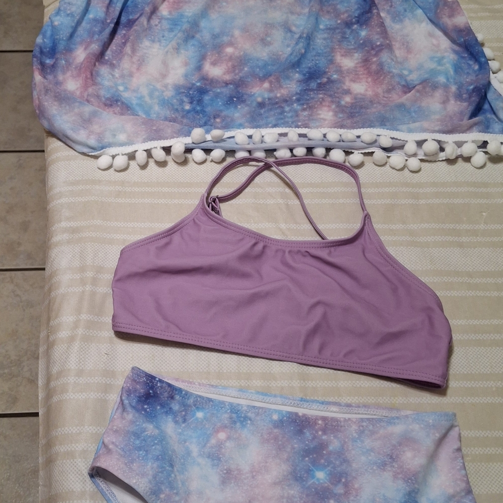 Purple and Blue Bandeau Swim Top with Tie-Dye Effect